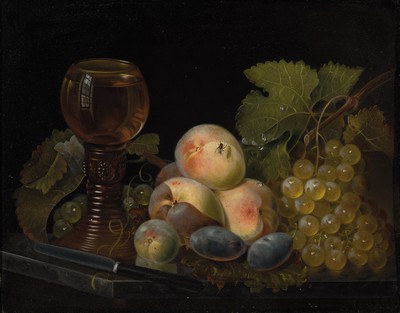 Unbekannter Künstler, um 1900, Stillleben nach Renaissance-Vorbild,, Weinglas mit Obst und Fliege, feine lasierende Malerei, Öl/Holz, unsigniert, ...