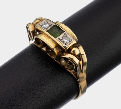14 kt Gold Turmalin-Diamant-Ring, GG 585/000, deutsch um 1930-40er Jahre, Galerie aus geschwungenen Elementen, 2 8/8-Diamanten zus. ca 0.04 ct ...