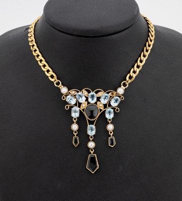 14 kt Gold Farbstein-Perl-Collier, GG 585/000 gepr., Mittelteil auch als Schließe, 8ovalfacett. Blautopase (beh.) zus. ca. 10.00 ct, 4 facett. ...