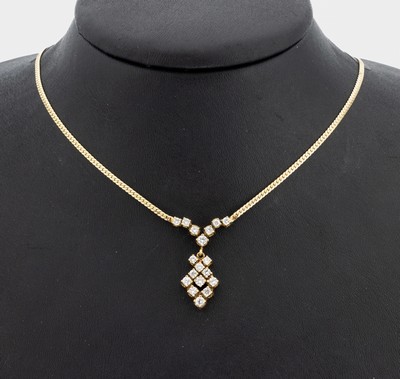 14 kt Gold Brillant-Collier, GG 585/000, 18 Brillanten zus. ca. 1.00 ct Weiß/si, ca. 8.1 g, L. ca. 42 cm, Kastenschloss mit Sicherheitsacht