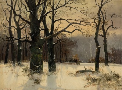Alois Arnegger, 1879-1963 Wien, Spaziergängerpaar im verschneiten Winterwald, Öl/Hartfaser, links unten signiert, ca. 75x 100cm, 9cm breiter ...