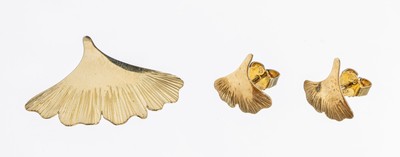 14 kt Gold Schmuckset "Ginkgo", GG 585/000,best. aus: 1 Anhänger und 1 Paar Ohrstecker, ca. 3.6 g, Brisuren GG 750/000