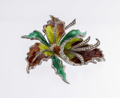 Blütenbrosche mit Email, Silber gepr., 1940er-50er Jahre, Darstellung einer Blüte, polychrom emailliert, Markasit-Besatz, ca. 7 x6.5 cm