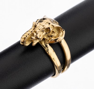 18 kt Gold Ring "Elefant", GG 750/000, Ringkopf plastischer Elefantenkopf, Ringschiene 2-tlg., RW 50, ca. 6.4 g