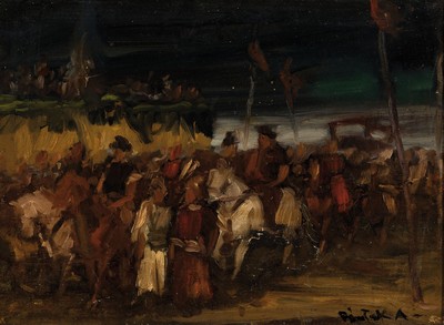 Ungarischer Künstler, erste Hälfte, 20. Jh.,Reiterzug, Öl/Lwd, unleserlich signiert, ca. 30 x 40 cm, Alterssp.