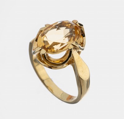 14 kt Gold Citrin-Ring, GG 585/000, ovaler Ringkopf mit bogenförmiger Unterkaderung, ovalfacett. Citrin ca. 4.50 ct, RW 54, ca. 7.9 g