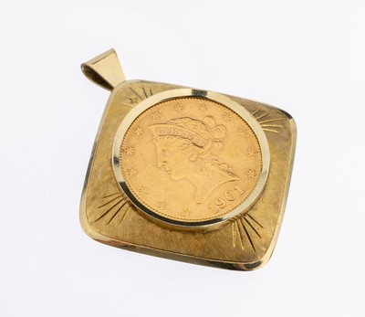 14 kt Gold Münz-Anhänger, GG 585/000, gefasste Goldmünze, 10 Dollar, USA 1901, Liberty Head, ca. 3.5 x 3.5 cm, ca. 25.5 g, auch als Brosche ...