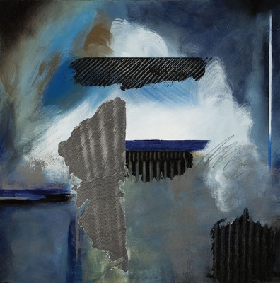Marc André Ueberall, geb. 1976 Oberhausen, Abstrakte Komposition, Öl/Holzplatte, ca. 40x 40cm, auf dicker facettierter Glasplatte ca. 60x60cm ...