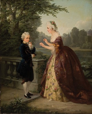Otto Wilhelm Eduard Erdmann, 1834 Leipzig-1905Düsseldorf, Page überbringt einen Brief einer Rokokodame in Parklandschaft, Öl/Lwd, rechts unten ...