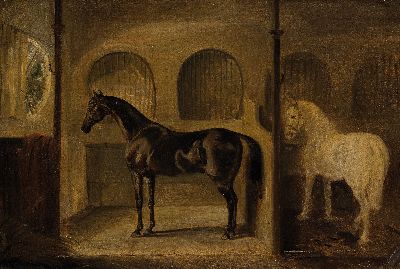 Unbekannter Künstler, um 1900, zwei Pferde im Stall, Öl/Malkarton, rest., ca. 28x40cm, R. ca. 42x55cm
