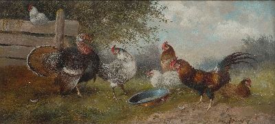 Max Hänger jun., 1898-1961 München, Truthahn, Hahn und Hühner auf dem Hof, Öl/ Holz, rechts unten signiert, ca. 13x27cm, u.Gl., R. ca. 32x45cm