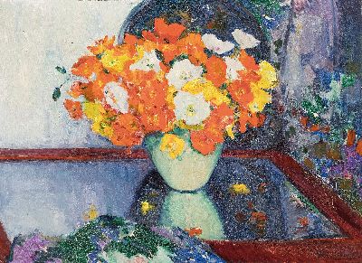Hubert Glansdorff, 1877-1963, belgischer Künstler, Blumenstillleben, Öl/Lwd, rechts unten signiert und dat. 35, ca. 59x80cm, R. ca. 64x85cm