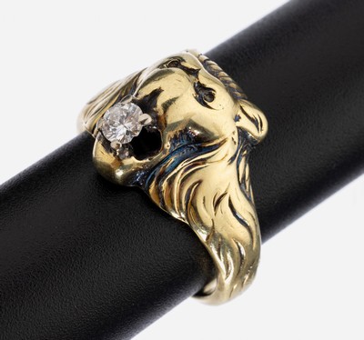 14 kt Gold Brillant-Ring "Löwenkopf", 585/000, Kopf in Form eines Löwenkopfes, 1 Brillant ca. 0.15 ct Weiß/p, Stein mehrfach besch., RW ...