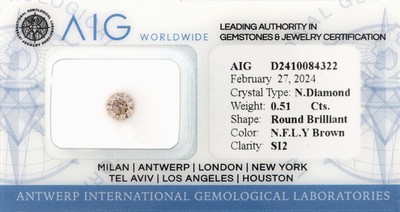 Loser Brillant, 0.51 ct Natural Fancy LightYellowish Brown/si2, AIG-Expertise anbei, verschweißt