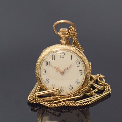 Damentaschenuhr in RG 585/000 an vergoldeter Kette, Schweiz um 1905, Geh. l. dell., rücks. m. Monogrammspiegel, Metallcuvette, Emailzifferbl. m. ...