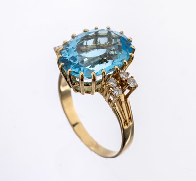 18 kt Gold Topas-Brillant-Ring, GG 750/000,ovalfacett. Blautopas (beh.) ca. 34.00 ct, 8 Brillanten zus. ca. 0.28 ct feines Weiß/if- vvs, RW 60, ca. ...