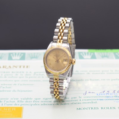 ROLEX Damenarmbanduhr Oyster Perpetual Date Referenz 69173, Schweiz verk. lt. beil. Garantie 01/1986, Automatik, Edelstahl/Gold kombiniert inkl. ...
