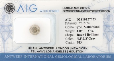 Loser Brillant 1.09 ct l.Gelb-Grau/si3, mitAIG-Expertise, verschweißt