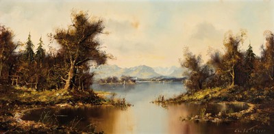 Friedrich Karl Thauer, 1924-2009, Blick auf eine See in herbstlicher Voralpen- Landschaft, Öl/Lwd, rechts unten sign., ca. 50x100cm, R. ca. ...