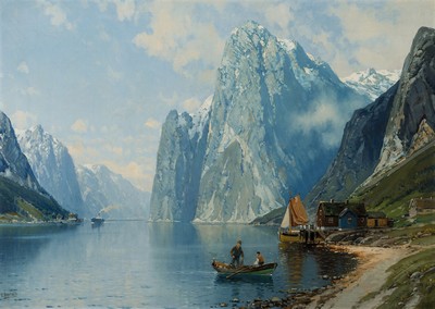 Carl Bertold, geb. 1870, Norwegische Fjordlandschaft, Öl/Lwd, links unten signiert, ca. 50x70cm, R. ca. 59x79cm