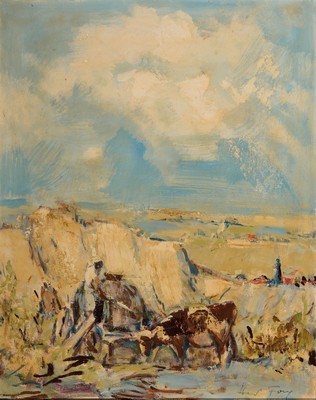 Hanns Fay, 1888 Frankenthal-1957 Neustadt/ Wstr., pfälzer Landschaft bei der Weinlese, Öl/Platte, re. u. sign., ca. 59x47cm, R. ca. 68x56cm