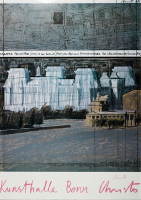 Christo und Jeanne-Claude wrapped Reichstag, Farboffset, handsign., Plakat zur Ausst. Kunsthalle Bonn 1983, ca. 85.5x60cm