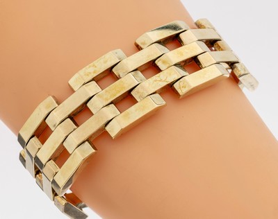14 kt Gold Armband, GG 585/000, Glieder bewegl. gearbeitet, L. ca. 17 cm, Kasten- schloss mit 2 Sicherheitsachten, ca. 51.9 g