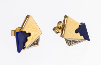 Paar 14 kt Gold Lapislazuli-Diamant- Ohrstecker, GG/WG 585/000, ausgefallenes Design, mit Lapislazulieinlage und kl. Diamantbesatz, ca. 3 g, ca. 1.5 ...