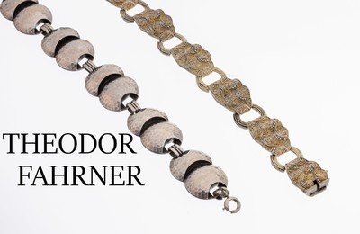 Konvolut 2 THEODOR FAHRNER Armbänder, Pforzheim 1930er Jahre, 1 x 835er Silber, kreis- und halbkreisf. Glieder mit Hammerschlagverz., ausgefallen, ...