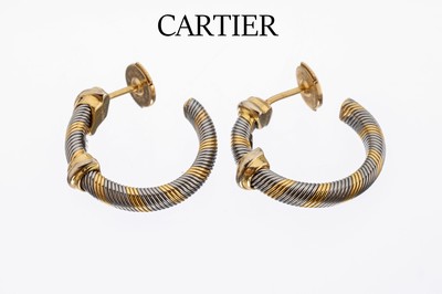 Paar 18 kt Gold CARTIER Ohrstecker, "Fils Alternes", GG 750/000 und Stahl, Gold- und Stahldraht im Wechsel, D. ca. 1.2 cm, ca. 10.7g, ...