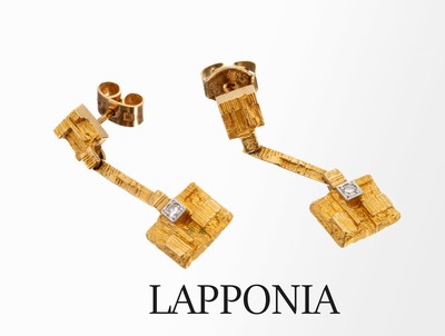 Paar 18 kt Gold LAPPONIA Ohrstecker, Finnland 1980, GG 750/000, typ. Lapponiadesign, kl. Diamantbesatz, L. ca. 2.5 cm, ca. 4.5 g, 1 Brisur GG 585/000