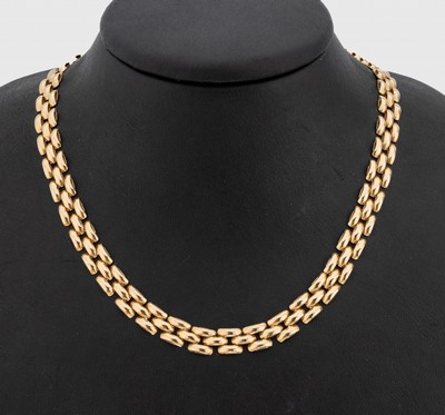 14 kt Gold Collier, GG 585/000, 3-rhg. Backsteinoptik, L. ca. 45 cm, Kastenschloss mit Sicherheitsacht, ca. 22.1 g