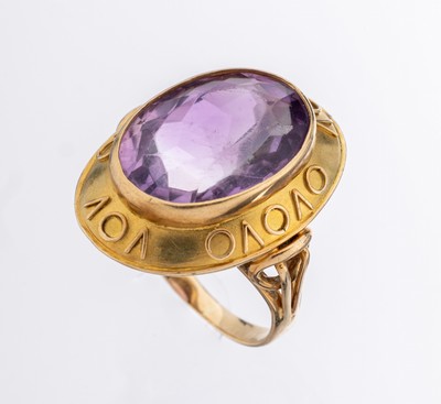 14 kt Gold Amethyst-Ring, GG 585/000, ovalfacett. Amethyst ca. 8.0 ct, umlaufend aufgelegte Golddrähte, RW 52, ca. 7.0 g