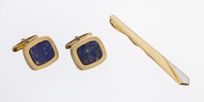 Konvolut 14 kt Gold Krawattenklammer und Paar 8 kt Gold Lapislazuli-Manschettenknöpfe, GG 585/000 und GG 333/000, Krawattenklammer (Klammer ...