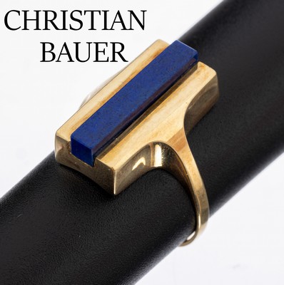 14 kt Gold Lapislazuli-Ring, GG 585/000, Meistermarke Christian BAUER, eingeschliffenerLapislazuli-Streifen, ca. 5.0 g, RW 56