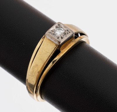 14 kt Gold Brillant-Ring, GG/WG 585/000, 1 Brillant ca. 0.08 ct Weiß/si, ca. 4.5 g, RW 56