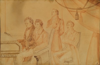 Monogrammist SL 1847, Franz Schubert mit Kollegen am Klavier,, aufwendig handgemalterPP., re. u. monogrammiert und dat. 1847, unter Glas, Rahmen, ...