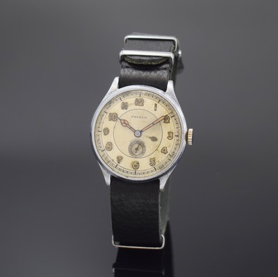FRENCA Antimagnetique seltene, große Armbanduhr, Schweiz/Deutschland um 1940, verchromtes Gehäuse altersbed. ber., Edelstahlboden aufgedr., silb. ...