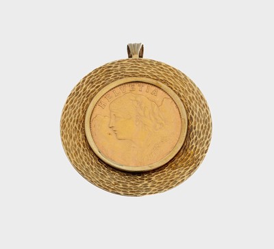 14 kt Gold Münz-Anhänger, GG 585/000, gefasste Goldmünze, Vreneli 1935, ca. 10.9 g, auch als Brosche tragbar