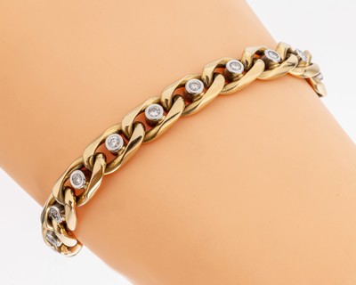 14 kt Gold Brillant-Armband, GG/WG 585/000,19 in WG gefasste Brillanten zus. ca. 0.95 ct Weiß/p1, ca. 40.4 g, L ca. 19 cm, Kastenschloss mit 2 ...