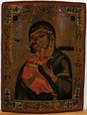 Ikone, Russland, 2. Hälfte 19. Jh., Madonna Glykophilusa, liebkosend, in byzantinischer Tradition, gewölbt, ca. 32 x 25 cm