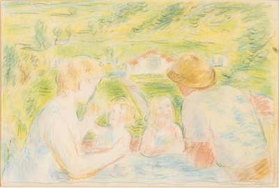 Albert Haueisen, 1872 Stuttgart - 1954 Kandel , zwei Zeichnungen: 1x Pastell, Familie im Grünen, rückseitig mit Nachlassstempel Nr. 154und sign. ...