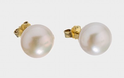 Paar 14 kt Gold Süßwasserzuchtperl-Ohrstecker, GG 585/000, Perlbouttons, D. ca. 12 mm, mit schönem Lüster