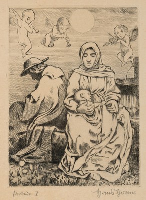 Hans Thoma, 1839 Bernau-1924 Karlsruhe, Radierung, Heilige Familie, 1920, Probedruck I, handsigniert, gebräunt, unter Glas 29x23 cm