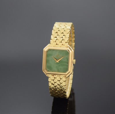 BAUME & MERCIER Damenarmbanduhr in GG 750/000 Referenz 38259, Schweiz um 1985, Handaufzug, 8-eckiges Geh., Boden aufgedr., anges. Flechtband, grünes ...