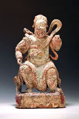 Tempelwächter bzw. Stifterfigur, China, Quing -Dynastie, 18./19.Jh., Holz geschnitzt, überfasst, im Rücken eingelassener Schrein mit ...