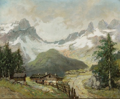 Karl Gross-Sattelmair, 1881 München-1931, Studium an der Akademie München bei Karl Raupp, "Im Gauertal mit den Drei Türmen", Öl/Karton, ...