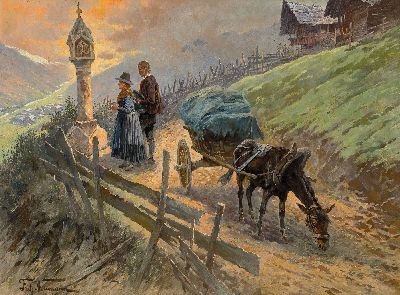 Fritz Neumann, 1881 Alt Warthau -1919 Oldenburg , Paar in stiller Andacht am Materl, hintergründiger Blick ins Tal, links unten signiert, Öl/Lwd, ...