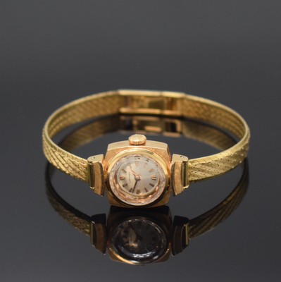 LONGINES feine Damenarmbanduhr in RG 750/000 an neutralem RG 750/000 Band, Handaufzug, Schweiz um 1962, Boden aufgedr., orig. Krone, silb. Zifferbl., ...