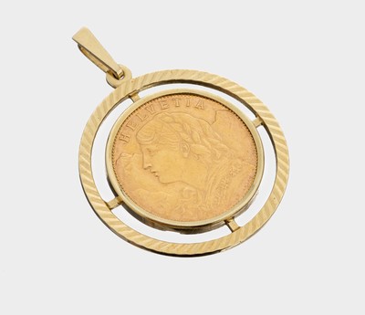 14 kt Gold Münzanhänger, GG 585/000, 20 Franken 1914, Helvetia, ca. 9.9 g, L. ca. 4 cm